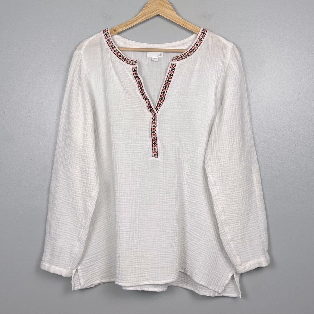 J.Jill white gauzy muslin cotton roll tab sleeve blouse top, large. - Picture 1 of 13